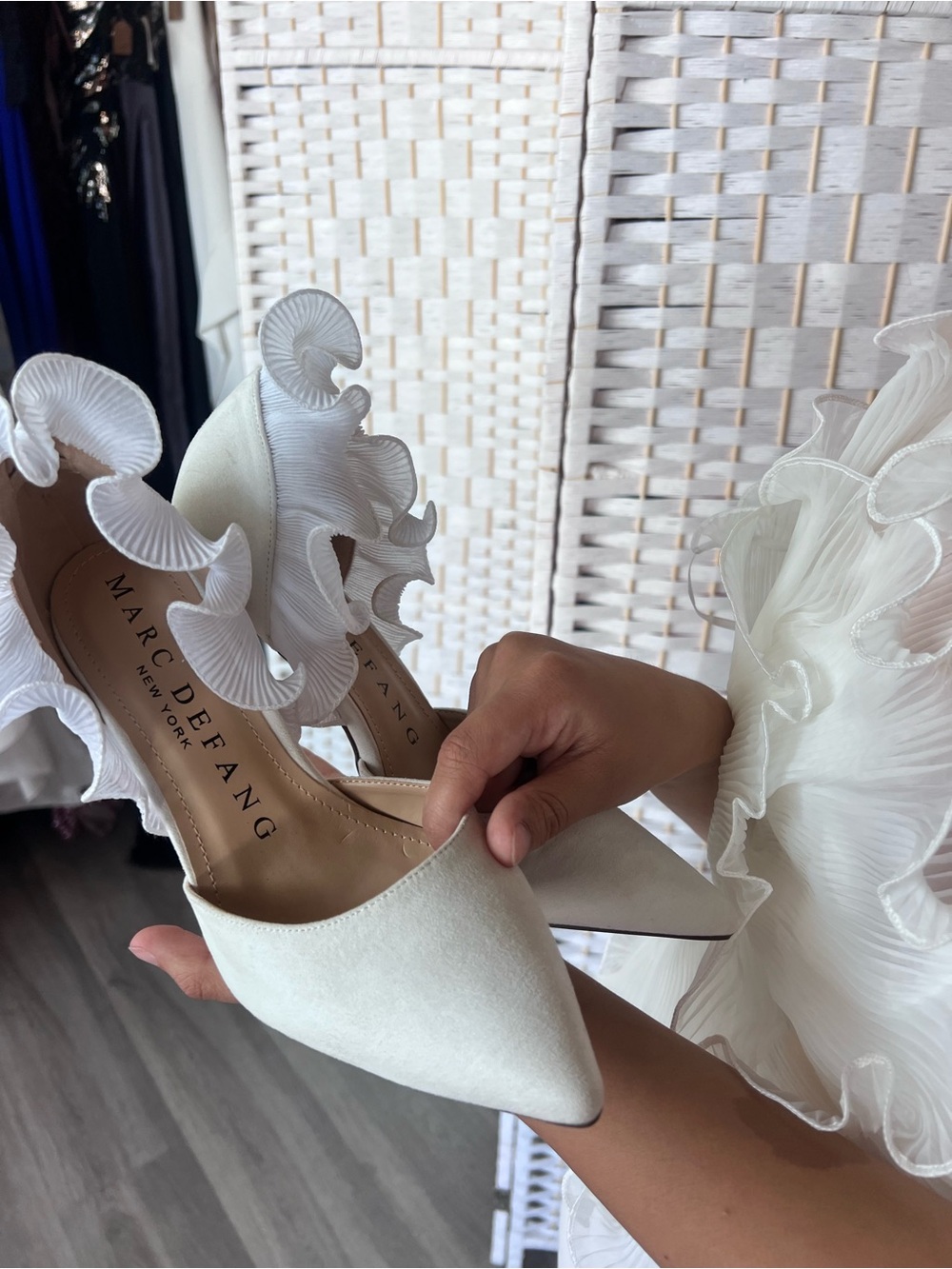Pointed Ivory Ruffle Ankle Heels - Picture 3 of 5